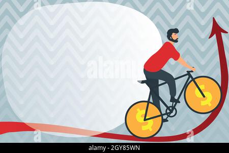 Man Drawing Riding Bicycle Mit Dollar Sign Wheels, Die Nach Oben Gehen. Stockfoto