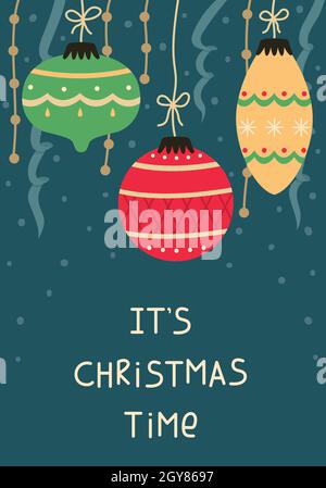 Weihnachtskarte mit Weihnachtskugeln und Girlanden. Grußkarte zum neuen Jahr. Stock Vektor