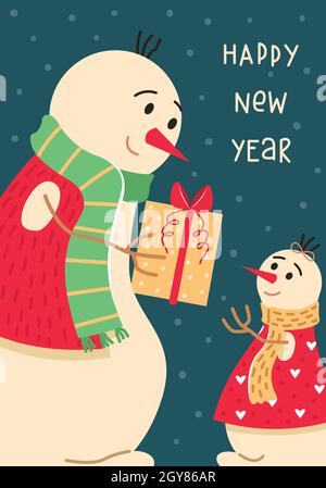 Weihnachtskarte mit einer Familie von Schneemännern. Vater schenkt seiner Tochter ein Geschenk. Grußkarte zum neuen Jahr. Stock Vektor