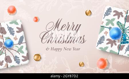 Weihnachtsgeschenkschachteln Banner oder Grußkarte. Abstrakte vektorverpackte Papierbehälter mit Grußkarten und Spielzeugbällen. Handgezeichneter Weihnachtsurlaub Stock Vektor