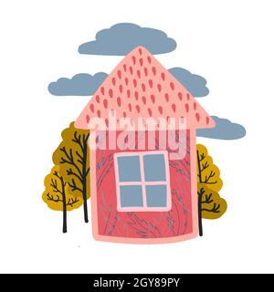 Niedliches kleines Haus von Hand gezeichnet einfach auf weißem Hintergrund isoliert. Aufdruck im T-Shirt-Design. Pinke Illustration für Kinder. Märchenhaus Stockfoto