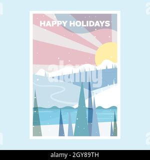 Winterwald am See, Vektorplakat. Urlaubsposter mit verschneiten Hügeln, Skigebiet, untergehende Sonne über dem Wasser. Stock Vektor