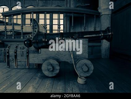 Kanone in der Piratenkabine, 3d-Illustration Stockfoto