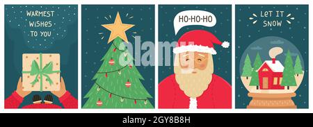 Niedliche Weihnachts-Set von 4 Neujahrsgrüßkarten. Stock Vektor