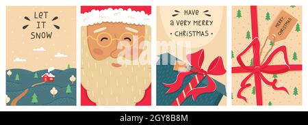 Niedliche Weihnachts-Set von 4 Neujahrsgrüßkarten. Stock Vektor