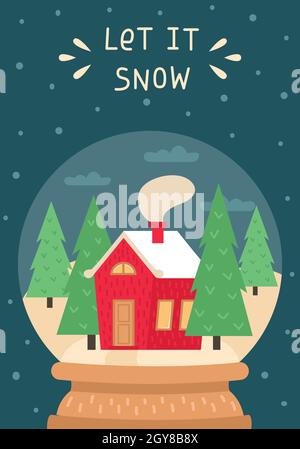 Neujahrskarte mit Glaskugel, Weihnachtshaus und Weihnachtsbäumen. Stock Vektor