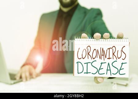 Handschrift Text Coronavirus Disease, Business Showcase definiert als Krankheit durch einen neuartigen Virus SARSCoV2 Anwalt erklärt Trial Proceedings, Real Stockfoto