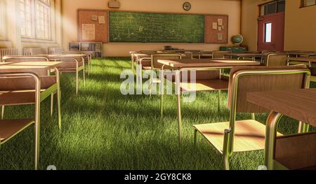 Interieur eines Klassenzimmers mit einem Boden mit grünem Gras bedeckt. Konzept der Natur und Öko-Nachhaltigkeit. 3d-Rendering. Stockfoto