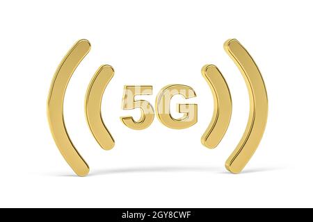 Goldenes 3d 5g-Symbol auf weißem Hintergrund isoliert - 3d-Rendering Stockfoto