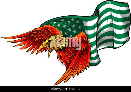 Erhabung amerikanischer Adler gegen US-Flagge und weißen Hintergrund. Stockfoto