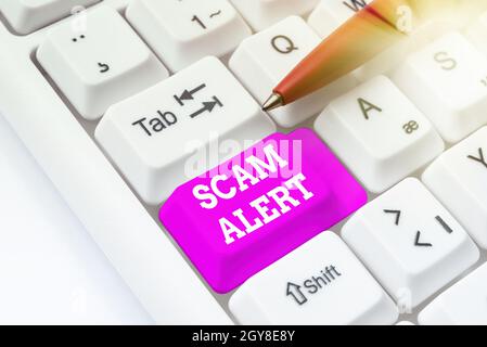 Text, der Inspiration zeigt Scam Alert, Konzept, das bedeutet, dass Sie betrügerisch Geld vom Opfer erhalten, indem Sie ihn überzeugen, indem Sie Textdokumente online veröffentlichen, Stockfoto