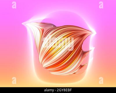 Probenschmiermittel für Haarfärbung. 3d-Rendering goldener Strudel Pinselstrich isoliert auf pfirsichem und rosa Hintergrund. Künstlerische abstrakte Metall 3d Pinsel illustrati Stockfoto
