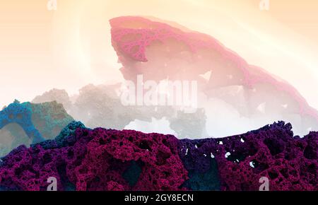 Fraktaler Hintergrund von Korallenbergen. Fantasy Alien Landscape - 3D-Rendering Stockfoto