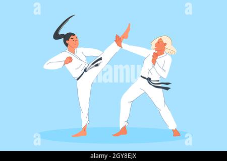 Sportwettbewerb, Kampf, Sportlertraining, Kampfsportkonzept. Kämpfen Judo-Sportler in Kimono, männliche Karate Contest, Schlag üben, Kick und ich Stockfoto