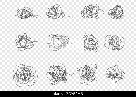 Unordentlich handgezeichnete Scrawls Vektor-Illustrationen-Set. Chaotische Tintenstreicheln, unübersichtliche Knoten packen sich zusammen. Verwickelte dünne Linien isoliert auf transparentem Backgroun Stockfoto