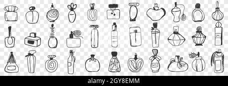 Parfümbehälter Doodle Set. Sammlung von handgezeichneten Vintage stilvolle Flasche und Gläser für Parfüm und WC-Wasser isoliert auf transparentem Backgroun Stockfoto