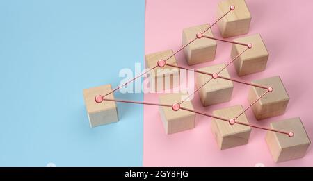 Holzblöcke auf rosa blauem Hintergrund, hierarchische Organisationsstruktur des Managements, effektives Managementmodell in der Organisation, Draufsicht Stockfoto