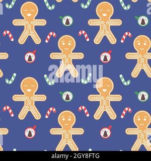 Lebkuchen Mann nahtlose Muster. Weihnachtliche festliche Hintergrund mit Süßigkeiten und Kaffeetasse. Flache Vektorgrafik zum neuen Jahr Stock Vektor