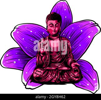 Vektor-Buddhismus-Ikone meditierender Buddha. Goldener Buddha sitzt auf einem Lotus Hintergrund. Abbildung in flacher Ausführung. Stockfoto