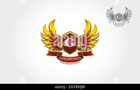 Vektor-Logo Mit Goldenen Flügeln. Heraldische Flügel Logo verschiedener Flügel. Wings ist ein Symbol-Logo. Sein Design ist einfach zu konfigurieren und zu verwenden. Stock Vektor