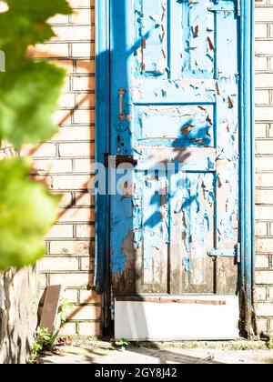 Alte hölzerne Außentür mit blätternder blauer Farbe des Schuppen an sonnigen Tagen Stockfoto