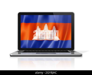 Kambodscha-Flagge auf Laptop-Bildschirm isoliert auf weiß. Rendering von 3D-Illustrationen. Stockfoto