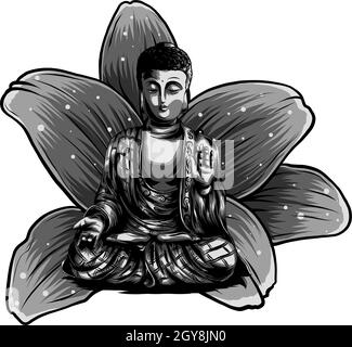 Vektor-Buddhismus-Ikone meditierender Buddha. Goldener Buddha sitzt auf einem Lotus Hintergrund. Abbildung in flacher Ausführung. Stockfoto