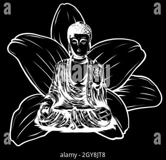 Vektor-Buddhismus-Ikone meditierender Buddha. Goldener Buddha sitzt auf einem Lotus Hintergrund. Abbildung in flacher Ausführung. Stockfoto