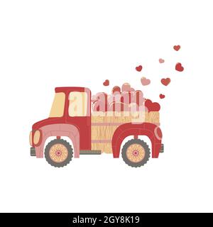 Vektor handgezeichnete Illustration von niedlichen Auto mit rosa und roten Herzen für Valentinstag. Bunte LKW mit fliegenden Herzen Clip Art im flachen Design? Ist Stock Vektor