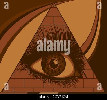 Auge der Vorsehung. Alle sehen Auge in das Dreieck auf der Pyramide Freimaurer Symbol. Okkulte Illuminati-Illustration. Stockfoto