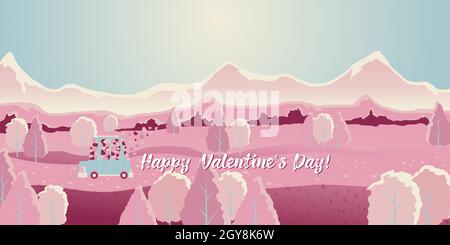 Horizontaler Hintergrund mit Landschaften und Autos mit fliegenden Herzen in flachen Cartoon-Stil. Alles Liebe zum Valentinstag rosa Hintergrund. Stock Vektor