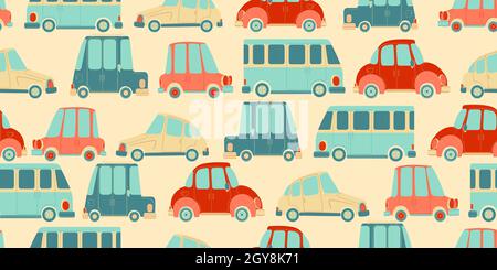 Nahtloses Muster mit niedlichen handgezeichneten Autos im skandinavischen Stil. Vektor wiederholten Hintergrund mit Autos in Cartoons-Design für Kinder. Stock Vektor