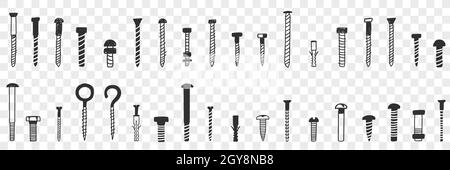 Nägel und Schrauben Doodle Set. Sammlung von handgezeichneten Nägeln und Schrauben in verschiedenen Formen und Größen für die Reparatur isoliert auf transparentem Hintergrund Stockfoto