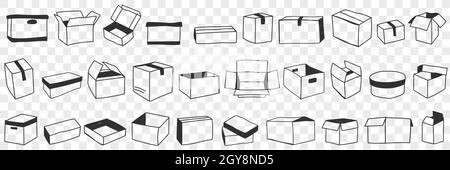 Offene und geschlossene Boxen Doodle Set. Sammlung von handgezeichneten verschiedenen Formen von offenen und geschlossenen Paketboxen für die Lieferung und den Transport von Aufträgen zu isolieren Stockfoto