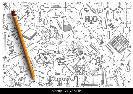 Handgezeichneter Chemie-Vektor-Doodle-Set-Hintergrund Stockfoto