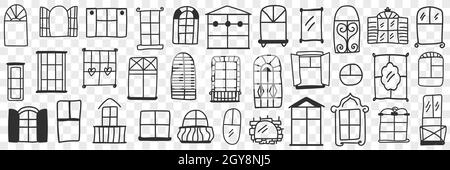 Windows und Frames Doodle Set. Sammlung von handgezeichneten verschiedenen Formen und Formen von Fenstern für Gebäude mit geschlossenen oder offenen Fensterläden isoliert auf tra Stockfoto