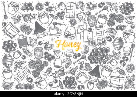 Handgezeichneter Honey Doodle Set Hintergrund mit orangefarbenem Schriftzug in Stockfoto