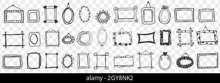Spiegel und Rahmen Doodle Set. Sammlung von handgezeichneten eleganten stilvollen Dekorationsrahmen für hängende Spiegel Bilder und Dekoration zu Hause Interieur ist Stockfoto