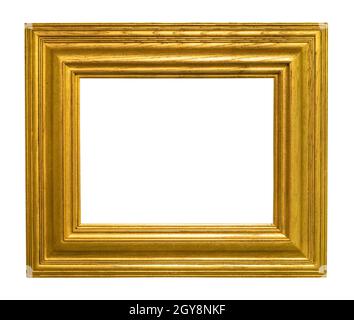 Extra breiter goldener Bilderrahmen aus Holz auf weißem Hintergrund Stockfoto