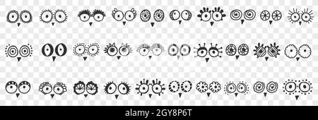 Vögel Augen und Schnabel Doodle Set. Sammlung von handgezeichneten niedlichen lustigen runden Augen und Schnäbeln von verschiedenen Vögeln in Skizzenweise isoliert auf transparentem Bac Stockfoto