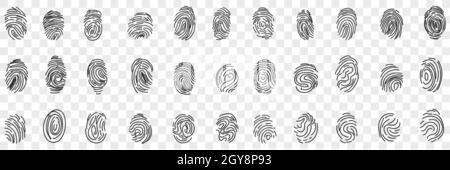 Fingerabdrücke persönliche Identität Doodle gesetzt. Sammlung von handgezeichneten verschiedenen menschlichen Fingerabdrücken zur Identifizierung von Personen- oder Passausweisen oder tr Stockfoto