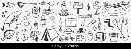 Angelwerkzeuge und Zubehör Doodle Set. Sammlung von handgezeichneten Haken Camping Wurm Kleidung Eimer Fische Lagerfeuer Lampe zum Angeln auf Natur Hobby Stockfoto