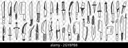 Messer zum Schneiden von Doodle-Set. Sammlung von handgezeichneten verschiedenen Tisch-und Küchenmesser zum Kochen und Schneiden isoliert auf transparentem Hintergrund Stockfoto