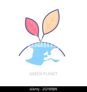 Green Planet - modernes Liniendesign-Symbol auf weißem Hintergrund. Ordentlich detaillierte Bild der Erde und Sprossen. Blätter, Kontinente, Ozean, neues Leben, Ca Stock Vektor