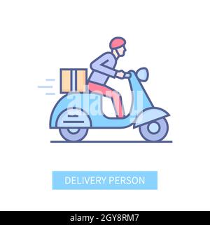 Delivery Person - moderne Linie Design-Stil Symbol auf weißem Hintergrund. Ordentliches, detailliertes Bild des Kuriers. Tragen Sie eine Ladung, ein Paket oder eine Kiste auf einem Moped. Schnell t Stock Vektor