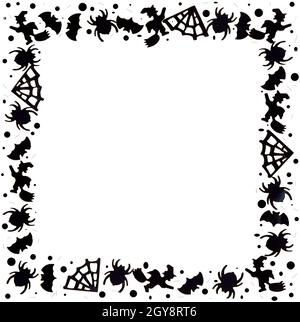 Schwarz-weißer Hintergrund für Halloween. Ein Rahmen aus einfachen Formen mit Platz für Text. Schwarze Spinnen, Spinnweben, Fledermäuse, Hexen auf einem Besen, Punkte, Flecken. Stockfoto