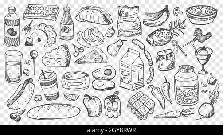 Handgezeichnete Mahlzeit Nudeln Set. Sammlung von Bleistift oder Kreide Zeichnung Skizzen von verschiedenen Lebensmitteln Arten Obst und Gemüse auf transparentem Hintergrund. H Stockfoto