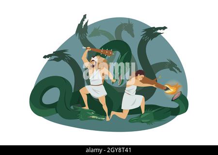 Griechenland, Olymp, gott, Herakles, Religionskonzept. Halbgott Herakles oder Hercules Sohn des Zeus mit Wagenkämpfer Iolaus, der als Seco gegen die Lernaean Hydra kämpft Stockfoto