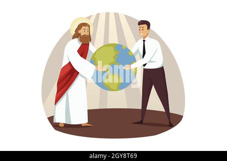 Religion, christentum, Geschäft, Unterstützung, Erfolgskonzept. Jesus Christus, Sohn Gottes und junger Geschäftsmann, der den Planeten Erde zusammenhält. Freundliche Hilfe Stockfoto