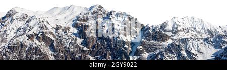 Schneebedeckte Berggipfel der italienischen Alpen isoliert auf weißem Hintergrund. Gebirgskette des Monte Carega oder der kleinen Dolomiten. Venetien, Trentino, Italien. Stockfoto